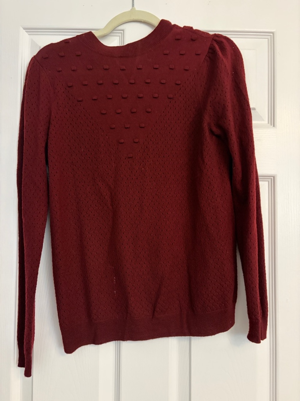 Sezane Deep Red Textured Puff-Sleeve Sweater